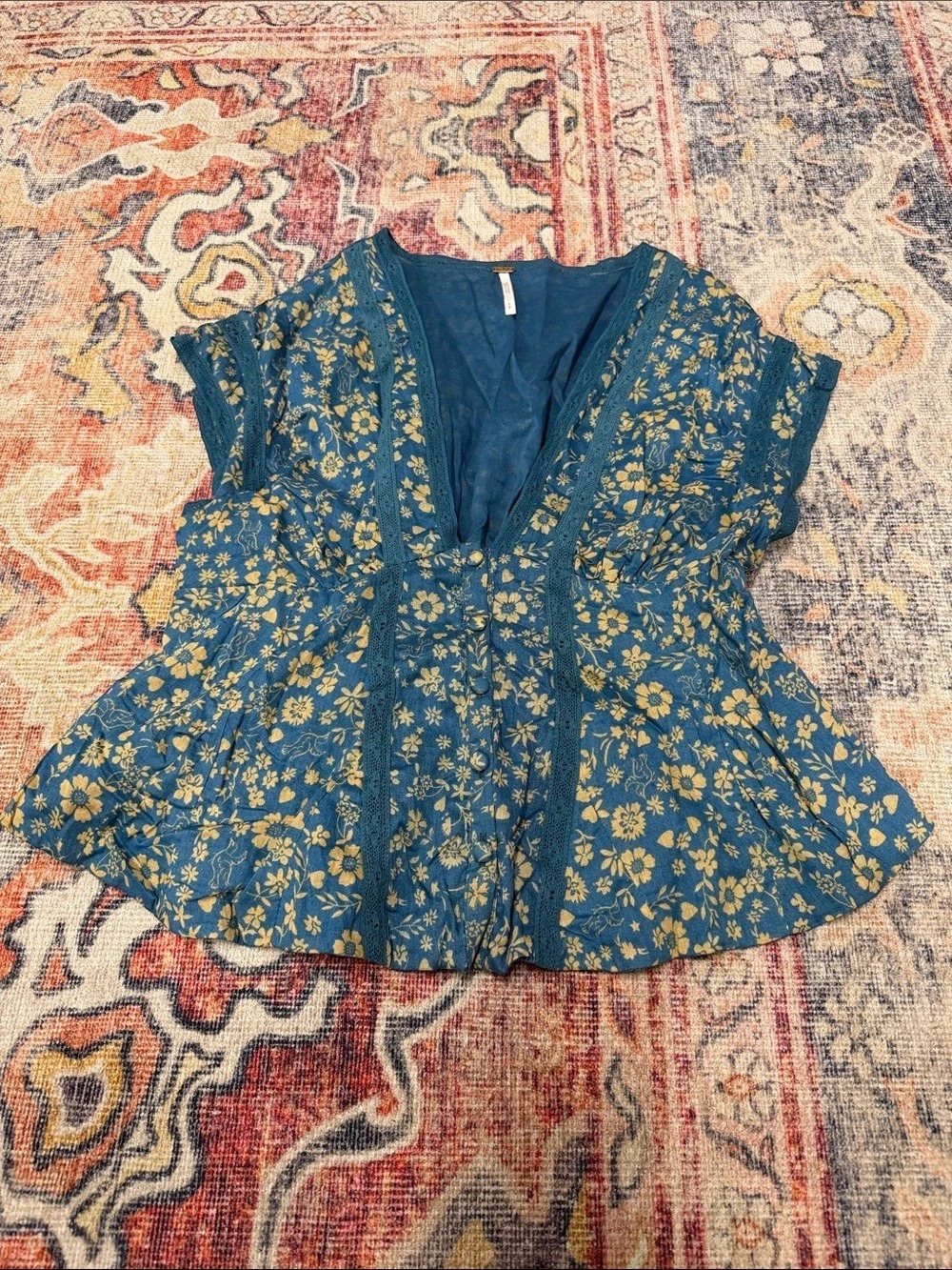 Free People Mannie Floral Lace Button-Up Shirt Blue & Yellow Small